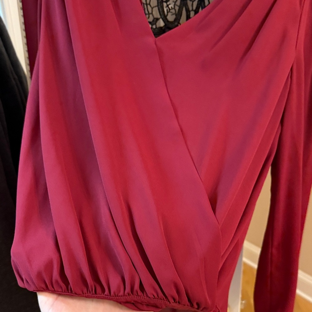 VENUS Deep Red Blouse with Black Lace Accent - Picture 2 of 6